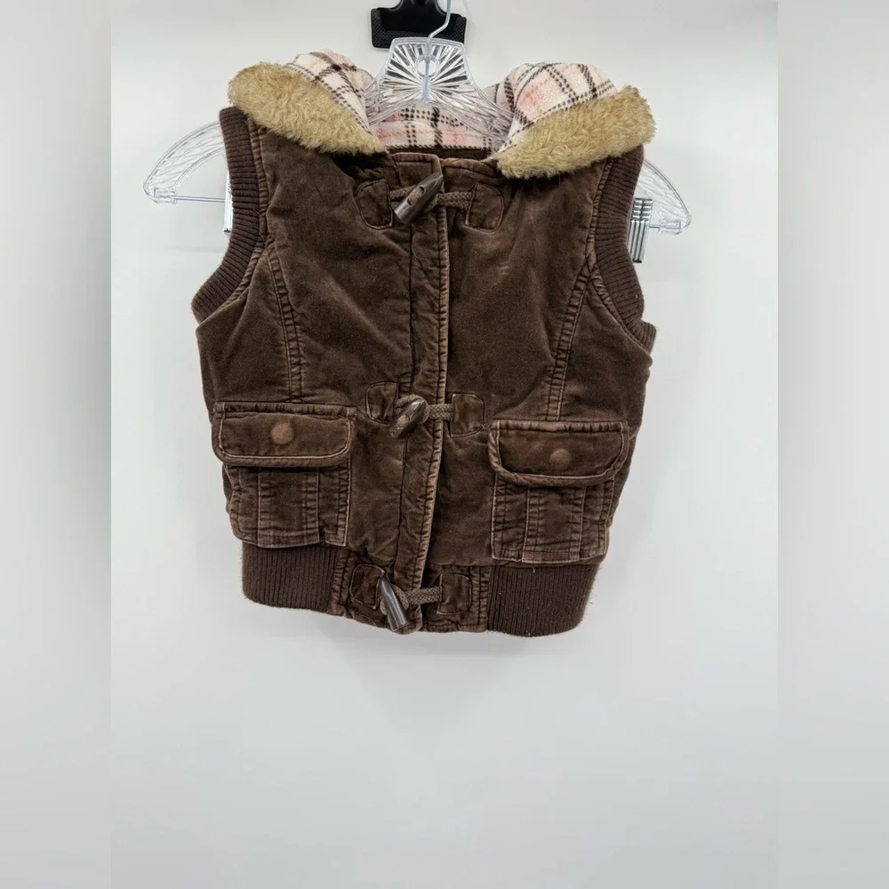 Old Navy Vintage Brown Corduroy Vest Faux Fur‎ Size Medium Y2K 90s
